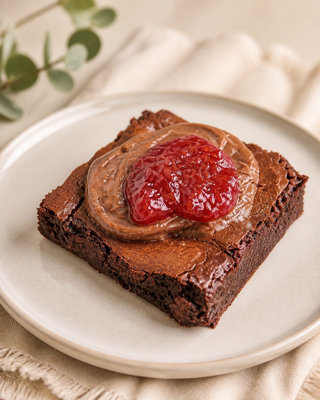 Brownie cremoso com ganache de chocolate e geleia de morango