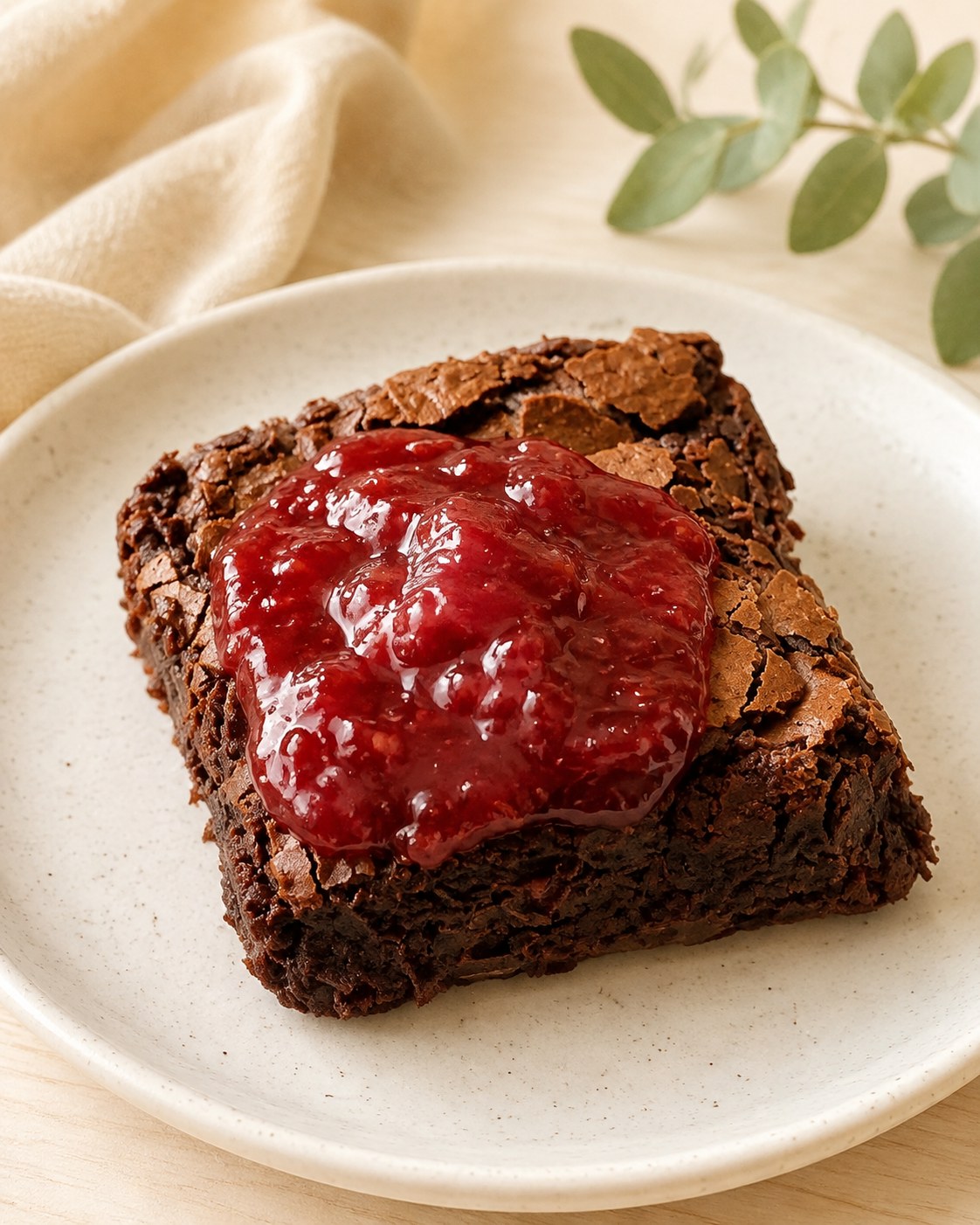 Brownie cremoso com geleia de morango