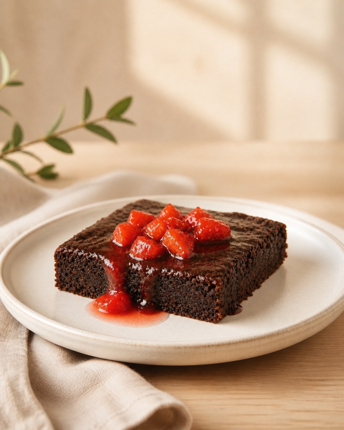 Brownie de chocolate com cobertura e pedaços de morango